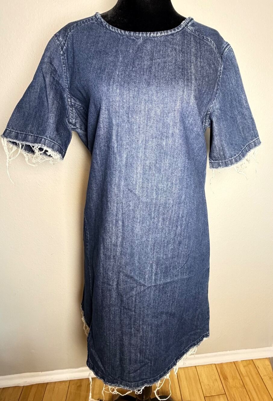 AllSaints Denim T-Shirt Dress Size US 8 UK 12 Shift Distressed Frayed Hem Ring Z
